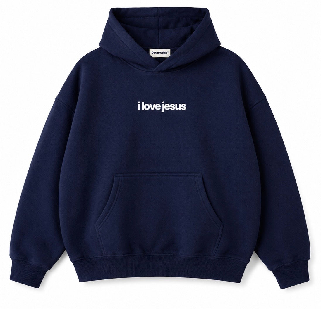 navy blue "i love jesus" hoodie