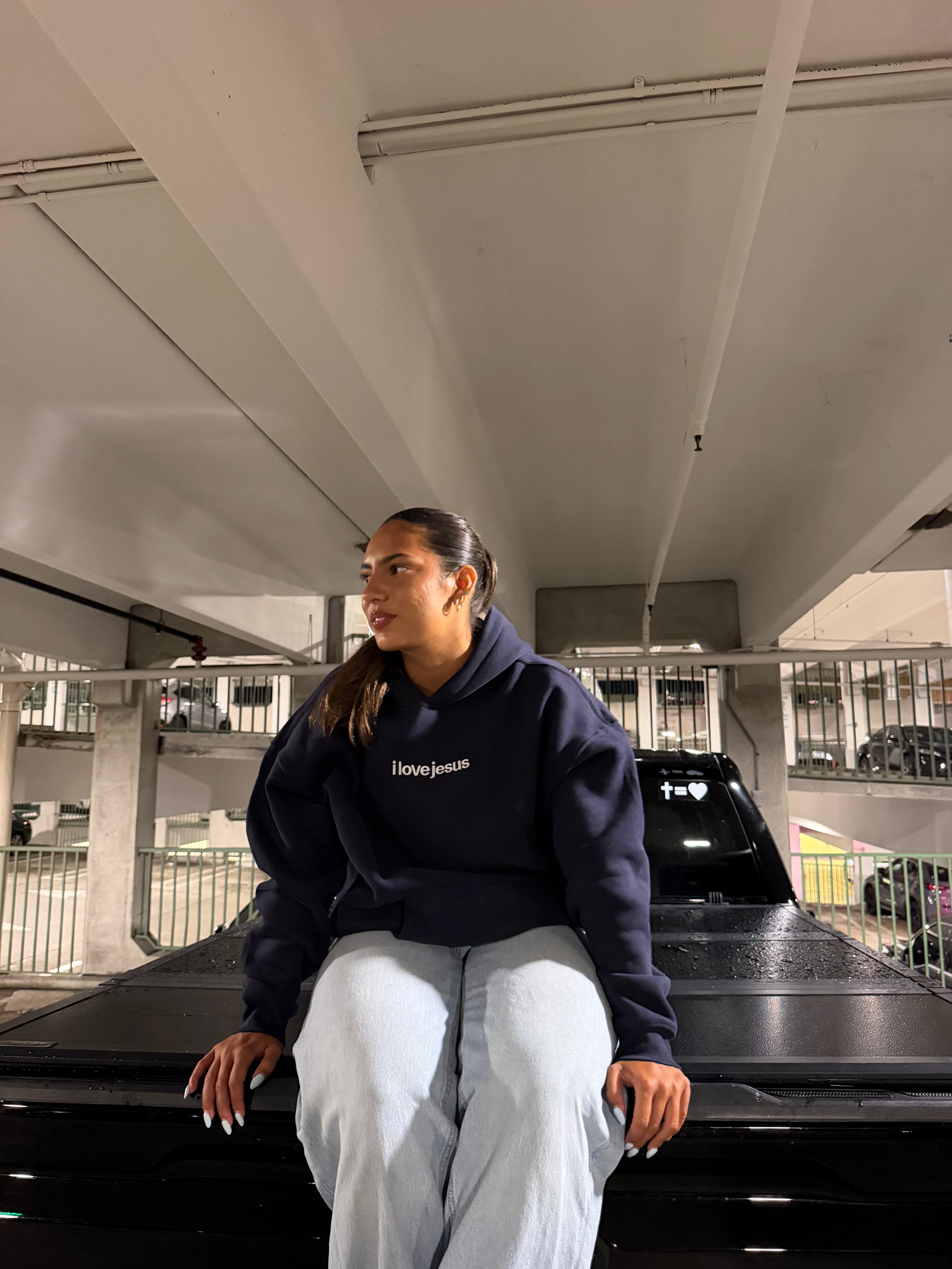 navy blue "i love jesus" hoodie